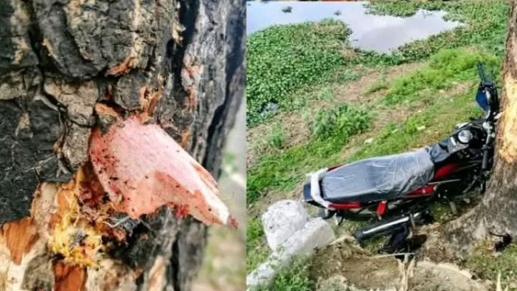 দিরাই-সুনামগঞ্জ সড়কে মোটরসাইকেল দুর্ঘটনা, গাছের ভেতরে ঢুকে যায় পায়ের হাড়