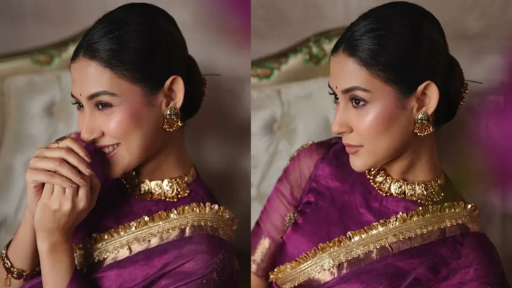 বেগুনি শাড়িতে মেহজাবীনের রাজকীয় সাজ